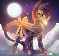 Size: 1500x1428 | Tagged: safe, artist:redchetgreen, oc, oc only, oc:shadowgale, hybrid, original species, clothes, cloud, commission, female, leonine tail, long tail, looking back, mare, moon, mouth hold, night, smiling, socks, solo, stars, ych result