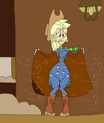 Size: 1649x1957 | Tagged: safe, artist:hunterxcolleen, applejack, equestria girls, g4, boots, clothes, cold, disproportional anatomy, footed sleeper, footie pajamas, freezing, freezing fetish, frozen, icicle, onesie, pajamas, pajamas with boots on, russia, scarf, shivering, snow, solo, wind blowing
