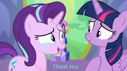Size: 1920x1080 | Tagged: safe, edit, screencap, starlight glimmer, twilight sparkle, alicorn, pony, celestial advice, g4, caption, crying, cushion, cute, duo, duo female, emotional, female, friendship, hoof on chest, smiling, student, teacher, tears of joy, text, thank you, twilight sparkle (alicorn), twilight's castle