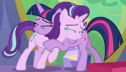 Size: 700x400 | Tagged: safe, screencap, starlight glimmer, twilight sparkle, alicorn, pony, celestial advice, g4, cropped, crying, cute, duo, emotional, eyes closed, friendship, hug, present, snuggling, student, teacher, tears of joy, twilight sparkle (alicorn), twilight's castle