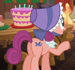 Size: 381x358 | Tagged: safe, screencap, bonnie rose, earth pony, pony, a hearth's warming tail, g4, bonnet, butt, cropped, female, mare, plot, solo focus