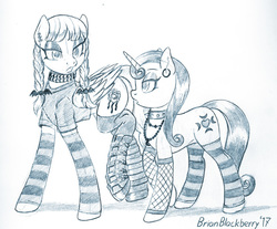 Size: 721x596 | Tagged: safe, artist:brianblackberry, inky rose, moonlight raven, pegasus, pony, unicorn, honest apple, boots, clothes, collar, duo, female, goth, mare, monochrome, shoes, sketch, socks, stockings, striped socks, thigh highs