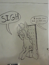 Size: 2448x3264 | Tagged: safe, artist:unreliable narrator, oc, oc only, oc:blackrave, alicorn, pony, alicorn oc, comic, dialogue, high res, sigh, sitting, solo, speech bubble, traditional art