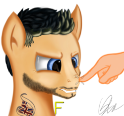 Size: 1438x1348 | Tagged: safe, artist:qbellas, oc, oc only, earth pony, human, pony, beard, boop, call of duty, facial hair, male, ponysona, stallion, tattoo