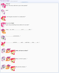 Size: 870x1078 | Tagged: safe, artist:dziadek1990, apple bloom, pinkie pie, scootaloo, sweetie belle, chicken, g4, conversation, cutie mark crusaders, dialogue, emote story, emotes, fourth wall, joke, meta, punchline, reddit, slice of life, text