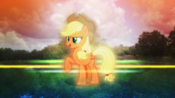 Size: 3840x2160 | Tagged: safe, artist:game-beatx14, artist:itv-canterlot, edit, applejack, g4, field, high res, irl, photo, solo, wallpaper, wallpaper edit