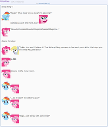 Size: 867x1018 | Tagged: safe, artist:dziadek1990, derpy hooves, pinkie pie, rainbow dash, pony, g4, conversation, dialogue, emote story, emotes, lottery, oblivious, pizza delivery, priorities, reddit, skewed priorities, slice of life, text