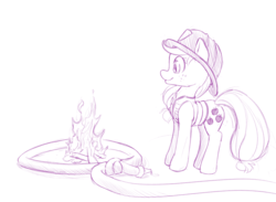 Size: 800x587 | Tagged: safe, artist:dstears, applejack, earth pony, pony, g4, clothes, female, fire, fire hose, firefighter applejack, firefighter helmet, helmet, lasso, mare, monochrome, silly, silly pony, simple background, smiling, solo, vest, white background, who's a silly pony