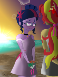 Size: 1280x1706 | Tagged: safe, artist:missmayaleanne, sci-twi, sunset shimmer, twilight sparkle, human, equestria girls, g4, alternate clothes, alternate hairstyle, beach, blushing, duo, female, lesbian, looking at each other, ocean, ship:sci-twishimmer, ship:sunsetsparkle, shipping, sunset