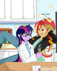 Size: 1280x1607 | Tagged: safe, artist:thelittlepandora, sunset shimmer, twilight sparkle, demon, vampire, equestria girls, g4, adventure time, alternate universe, annoyed, bite mark, book, bubbline, clothes, costume, crossover, female, glasses, heartwarming in hindsight, lab coat, laboratory, lesbian, male, marceline, princess bubblegum, red eyes, ship:sunsetsparkle, shipping, vampire shimmer