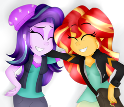 Size: 3038x2618 | Tagged: safe, artist:cosmiickatie, starlight glimmer, sunset shimmer, human, equestria girls, equestria girls specials, g4, my little pony equestria girls: mirror magic, beanie, clothes, duo, duo female, eyes closed, female, hat, high res, jacket, scene interpretation, shirt, smiling