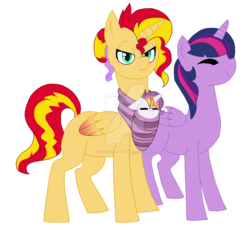 Size: 1024x942 | Tagged: safe, artist:sundownspark, sunset shimmer, twilight sparkle, oc, oc:sundown spark, alicorn, pony, g4, alicornified, eyes closed, female, lesbian, magical lesbian spawn, next generation, offspring, parent:sunset shimmer, parent:twilight sparkle, parents:sunsetsparkle, race swap, shimmercorn, ship:sunsetsparkle, shipping, simple background, swaddling, transparent background, twilight sparkle (alicorn)