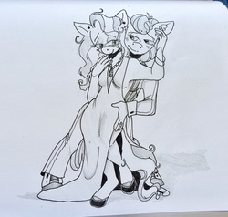 Size: 2442x2324 | Tagged: safe, artist:lxxjunebugxxl, apple bloom, diamond tiara, earth pony, anthro, unguligrade anthro, g4, clothes, dancing, dress, female, high res, lesbian, monochrome, older, ship:diamondbloom, shipping, traditional art