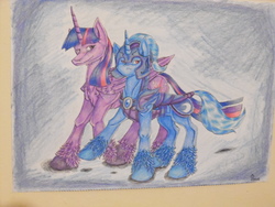 Size: 4608x3456 | Tagged: safe, artist:espurr-overlord, trixie, twilight sparkle, alicorn, pony, g4, female, guard, high res, lesbian, ship:twixie, shipping, traditional art, twilight sparkle (alicorn)
