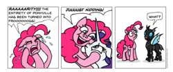 Size: 1995x831 | Tagged: safe, artist:gingerfoxy, pinkie pie, rarity, changeling, earth pony, pony, unicorn, pony comic generator, g4, bait and switch, comic, crying, disguise, disguised changeling, wat