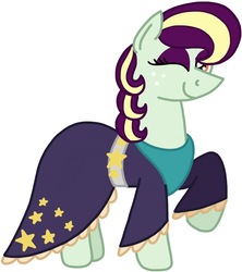 Size: 1252x1408 | Tagged: safe, artist:kindheart525, oc, oc only, oc:pristine melody, earth pony, pony, kindverse, clothes, dress, eyeshadow, magical lesbian spawn, makeup, offspring, one eye closed, parent:applejack, parent:coloratura, parents:rarajack, raised hoof, simple background, solo, white background, wink