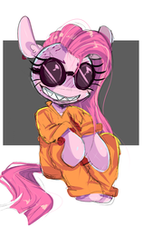 Size: 1588x2505 | Tagged: safe, artist:peachesandcreamated, pinkie pie, pony, g4, clothes, female, grin, jumpsuit, pinkamena diane pie, prison outfit, prisoner pp, sitting, smiling, solo, sunglasses