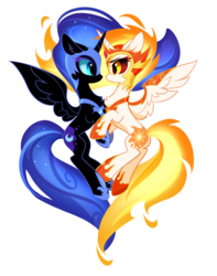 Size: 1105x1400 | Tagged: safe, artist:tomatocoup, daybreaker, nightmare moon, alicorn, pony, a royal problem, g4, season 7, armor, chest fluff, cute, diabreaker, duo, ear fluff, ethereal mane, eye contact, female, fiery mane, fiery tail, helmet, hoof shoes, looking at each other, mane of fire, mare, moonabetes, princess shoes, simple background, slender, slit pupils, spread wings, starry mane, starry tail, tail, thin, transparent background, wings