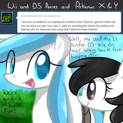 Size: 700x700 | Tagged: dead source, safe, artist:marytheechidna, pony, ask the console ponies, caption, console ponies, duo, female, looking at you, mare, nintendo, nintendo ds, ponified, smiling, text, tumblr, wii