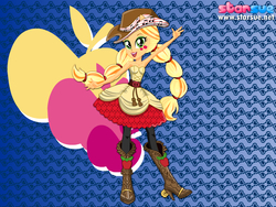 Size: 800x600 | Tagged: safe, artist:user15432, applejack, equestria girls, g4, my little pony equestria girls: rainbow rocks, alternate hairstyle, armpits, boots, clothes, dressup, female, hairstyle, hasbro, hasbro studios, high heel boots, new hairstyle, ponied up, rainbow hair, rainbow rocks outfit, rock and roll, shoes, skirt, solo, starsue