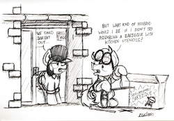 Size: 2155x1487 | Tagged: safe, artist:bobthedalek, oc, oc only, oc:mixed melody, oc:octavia's father, oc:octavia's mother, oc:ostinato melody, earth pony, pony, barbeque, black and white, clothes, food, grayscale, monochrome, shirt, sunglasses, traditional art