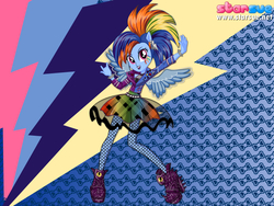 Size: 800x600 | Tagged: safe, artist:user15432, rainbow dash, pegasus, pony, equestria girls, g4, my little pony equestria girls: rainbow rocks, alternate hairstyle, clothes, dressup, female, hairstyle, hasbro, hasbro studios, high heels, new hairstyle, pegasus wings, ponied up, rainbow rocks outfit, rock and roll, shoes, skirt, solo, starsue, tattoo, winged humanization, wings