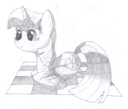 Size: 1340x1141 | Tagged: safe, artist:aafh, twilight sparkle, pony, unicorn, g4, female, monochrome, picnic blanket, solo, traditional art