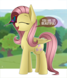 Size: 3245x3761 | Tagged: safe, artist:creativitybox18, fluttershy, butterfly, pegasus, pony, cute, dialogue, eyes closed, female, high res, insect on nose, mare, open mouth, profile, shyabetes, solo, speech bubble, tree