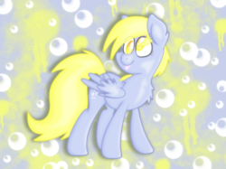 Size: 2732x2048 | Tagged: safe, artist:prismaticstars, derpy hooves, pegasus, pony, g4, abstract background, bubble, chest fluff, female, high res, looking back, mare, no pupils, solo, tongue out, wallpaper
