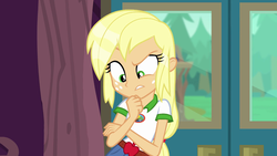 Size: 1280x720 | Tagged: safe, screencap, applejack, equestria girls, g4, my little pony equestria girls: legend of everfree, camp everfree outfits, clothes, denim shorts, female, freckles, solo, wet hair