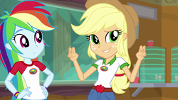 Size: 1280x720 | Tagged: safe, screencap, applejack, rainbow dash, equestria girls, g4, my little pony equestria girls: legend of everfree, camp everfree outfits, cowboy hat, duo, duo female, female, hand on hip, hat, stetson