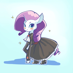 Size: 1500x1500 | Tagged: safe, artist:unousaya, rarity, pony, unicorn, g4, black dress, blushing, brooch, clothes, dress, female, jabot, jewelry, looking at you, mare, simple background, smiling, solo