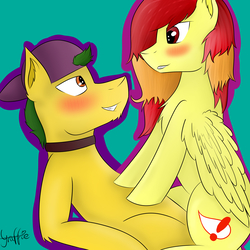 Size: 4535x4535 | Tagged: safe, artist:r0xyr0x, oc, oc only, oc:dzyogas, oc:ytna, earth pony, pegasus, pony, absurd resolution, blushing, colt, couple, eye contact, female, flirting, looking at each other, male, mare, simple background, smiling, smirk