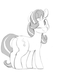 Size: 1280x1707 | Tagged: safe, artist:dimfann, starlight glimmer, pony, unicorn, g4, butt, female, grayscale, looking at you, looking back, monochrome, one eye closed, plot, solo, wink