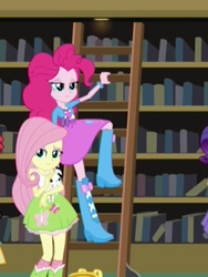 Size: 1536x2048 | Tagged: safe, screencap, angel bunny, cheerilee, fluttershy, pinkie pie, rarity, equestria girls, g4, my little pony equestria girls: friendship games, bookshelf, boots, clothes, cropped, female, high heel boots, jewelry, ladder, library, lidded eyes, looking at you, raised leg, sad, shoes, skirt, socks