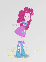 Size: 1536x2048 | Tagged: safe, screencap, pinkie pie, equestria girls, equestria girls specials, g4, my little pony equestria girls: mirror magic, balloon, boots, bracelet, clothes, cropped, cute, eyes closed, female, food, high heel boots, jewelry, mirror world, necklace, pendant, popcorn, skirt, smiling, solo