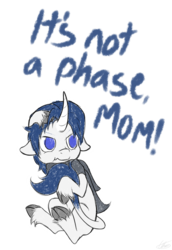 Size: 741x1079 | Tagged: safe, artist:ethaes, oc, oc only, oc:vesper iris, classical unicorn, pony, unicorn, them's fightin' herds, blue hair, clothes, cloven hooves, community related, curved horn, floppy ears, horn, it's not a phase, leonine tail, scarf, scrunchy face, simple background, tail hold, text, tfh oc, transparent background, unshorn fetlocks