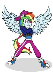 Size: 1355x1859 | Tagged: safe, artist:brownbush, rainbow dash, equestria girls, equestria girls specials, g4, my little pony equestria girls: dance magic, backwards ballcap, baseball cap, cap, clothes, converse, crossed arms, female, hat, hip hop, looking at you, pants, ponied up, rapper dash, shoes, simple background, solo, white background, wings
