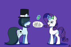 Size: 1625x1085 | Tagged: safe, artist:feralroku, derpibooru exclusive, rarity, oc, oc:hattsy, pony, g4, brain slug, crossover, derp, dialogue, futurama, glowing horn, horn, magic, male, mind control, purple background, simple background, sweat, sweatdrop, telekinesis