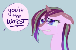 Size: 2812x1854 | Tagged: safe, artist:starfishkitty, starlight glimmer, pony, unicorn, g4, abuse, blue background, bust, comments locked down, crying, dialogue, discussion in the comments, drama, duckery in the description, female, floppy ears, frown, glimmerbuse, gritted teeth, offscreen character, op is a duck, op is trying to start shit, op started shit, portrait, sad, sadlight glimmer, simple background, solo, speech bubble, starlight drama, text, wet mane