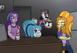 Size: 1300x901 | Tagged: safe, artist:lazerblues, adagio dazzle, aria blaze, sonata dusk, pony, g4, all about eve, desk, half in the bag, hardcore henry, mug, red letter media, redlettermedia, the neon demon