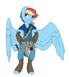 Size: 1024x1138 | Tagged: safe, artist:joan-grace, rainbow dash, pegasus, anthro, unguligrade anthro, g4, alternate universe, clothes, female, hand on hip, hoof hands, mare, multicolored hair, rebellion, short hair, simple background, solo