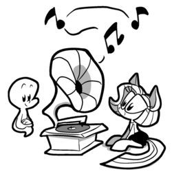 Size: 500x500 | Tagged: safe, artist:joeywaggoner, pony, the clone that got away, casper, casper the friendly ghost, clothes, diane, glasses, gramophone, grayscale, monochrome, music notes, phonograph, redesign, simple background, white background