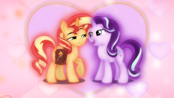 Size: 1600x900 | Tagged: safe, artist:limedazzle, artist:sailortrekkie92, edit, starlight glimmer, sunset shimmer, pony, unicorn, g4, female, heart, heart background, lesbian, lidded eyes, ship:shimmerglimmer, shipping, show accurate, vector, wallpaper, wallpaper edit