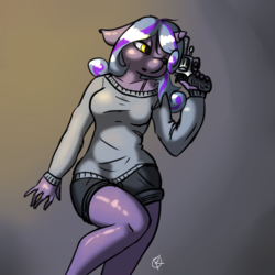 Size: 800x800 | Tagged: safe, artist:overkenzie, oc, oc only, oc:violet reverie, unicorn, anthro, fallout equestria, clothes, female, filly, gun, handgun, revolver, shorts, solo, sweater, weapon