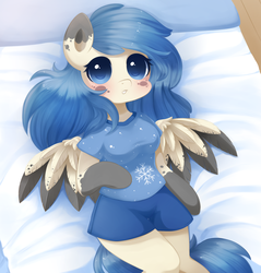 Size: 900x943 | Tagged: safe, artist:exceru-karina, oc, oc only, oc:murky icicle, pegasus, anthro, unguligrade anthro, anthro oc, arm hooves, bed, breasts, clothes, cute, female, looking at you, lying down, mare, ocbetes, on back, pajamas