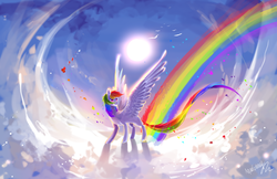 Size: 3000x1941 | Tagged: safe, artist:aquagalaxy, rainbow dash, pony, g4, cloud, female, mare, rainbow, scenery, solo, spread wings, standing, sun, wings