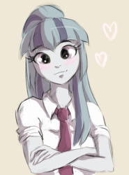 Size: 1009x1365 | Tagged: safe, artist:buttersprinkle, sonata dusk, equestria girls, g4, blushing, clothes, crossed arms, cute, eyelashes, female, heart, looking at you, necktie, ponytail, school uniform, schoolgirl, simple background, smiling, solo, sonatabetes