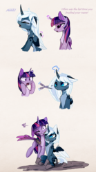 Size: 1256x2256 | Tagged: safe, artist:magnaluna, princess luna, twilight sparkle, alicorn, pony, g4, alternate design, alternate hairstyle, brushing, coat markings, colored wings, curved horn, cutting, dialogue, duo, female, floppy ears, hairbrush, horn, mare, missing accessory, mud, pale belly, smiling, swirly markings, twilight sparkle (alicorn), white-haired luna, wing claws