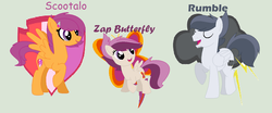 Size: 1259x525 | Tagged: safe, artist:xrainbowdash-mlp, rumble, scootaloo, oc, oc:zap butterfly, pegasus, pony, g4, alternate hairstyle, base used, cutie mark, female, green background, male, mare, misspelling, offspring, older, older rumble, older scootaloo, parent:rumble, parent:scootaloo, parents:rumbloo, ship:rumbloo, shipping, simple background, stallion, straight, the cmc's cutie marks
